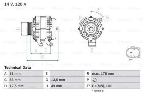 Генератор (14В, 120А, відновлений) FORD B-MAX, C-MAX II, ECOSPORT, FIESTA, FIESTA VI, FOCUS III, GRAND C-MAX, KA+ III, KUGA II, MONDEO IV, TOURNEO CONNECT V408 NADWOZIE WIELKO 1.0-2.0D 03.07- для Ford BOSCH 0986082220 фото товару