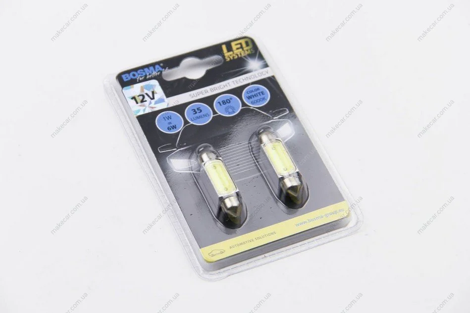 <strong>Автолампа SV8,5 LED 12V 1xSMD MEGA LED WHITE 10X39 (2 шт) Bosma 3673 (фото 1)</strong>