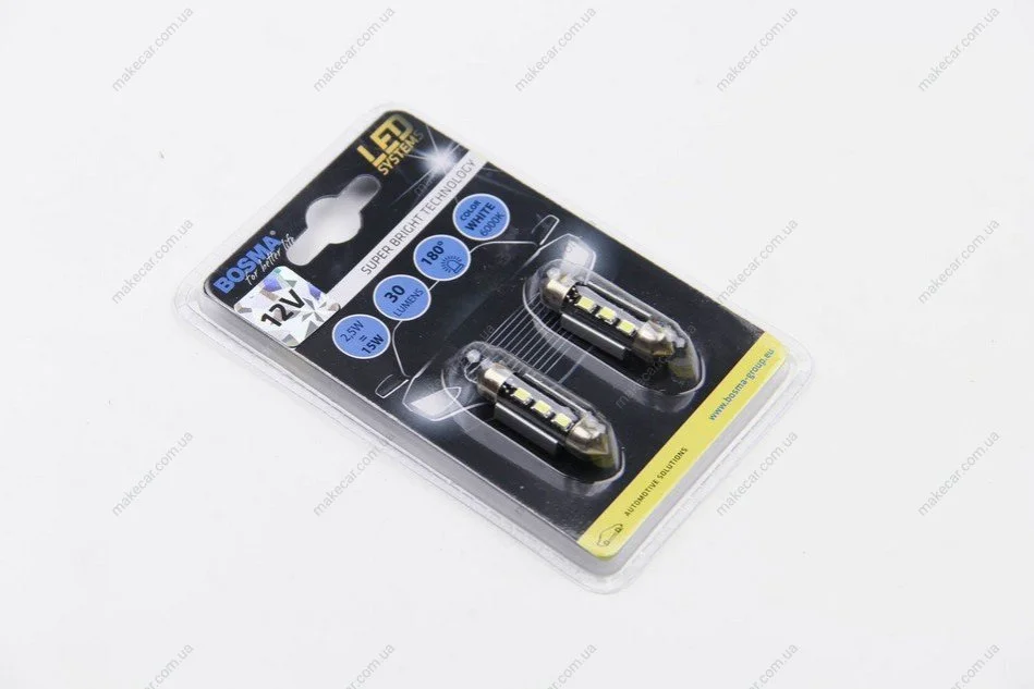 <strong>Автолампа SV8,5 LED 12V 3XSMD 2828 LED WHITE 10x31 (2 шт) Bosma 3765 (фото 1)</strong>