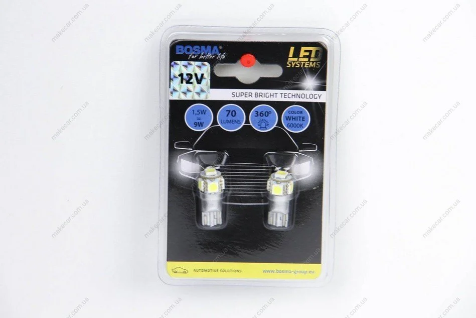 <strong>Автолампа T10 LED 12V 5XSMD 5050 LED WHITE (2 шт) Bosma 4182 (фото 1)</strong>
