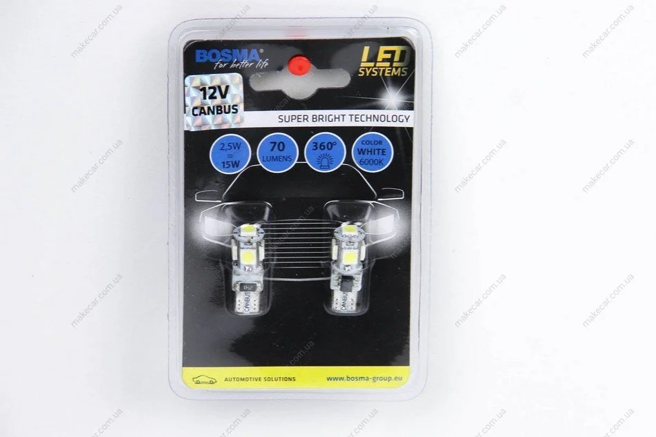 <strong>Автолампа T10 LED 12V 5XSMD 5050 LED WHITE DOUBLE POLARITY CANBUS (2 шт) Bosma 4199 (фото 1)</strong>
