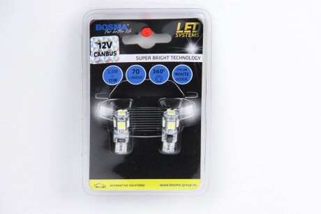 Автолампа T10 LED 12V 5XSMD 5050 LED WHITE DOUBLE POLARITY CANBUS (2 шт) Bosma 4199 фото товара