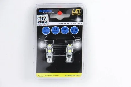 Автолампа T10 LED 12V 5XSMD 5050 LED WHITE DOUBLE POLARITY CANBUS (2 шт) для Bosma 4199 фото товару
