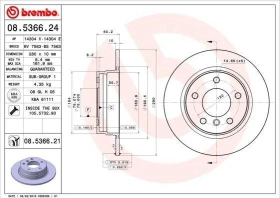 <strong>Гальмівний диск BREMBO 08.5366.21 (фото 1)</strong>