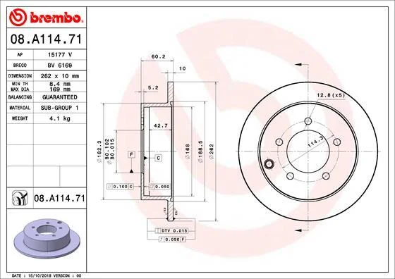 <strong>Гальмівний диск зад. Lancer 00- (262x60mm) BREMBO 08.A114.71 (фото 1)</strong>