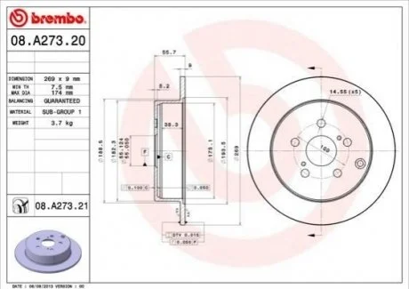 Гальмівний диск для Toyota BREMBO 08.A273.21 фото товару