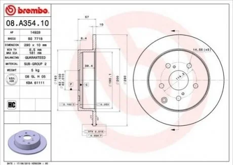 Гальмівний диск для Toyota BREMBO 08.A354.10 фото товару