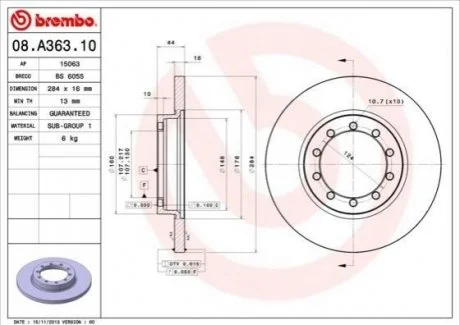 Гальмівний диск для Chrysler, Lancia BREMBO 08.A363.10 фото товару