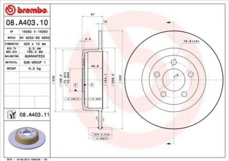 Гальмівний диск для Dodge, Chrysler BREMBO 08.A403.11 фото товару