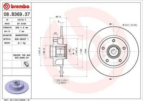 Гальмівний диск для Renault BREMBO 08.B369.37 фото товару