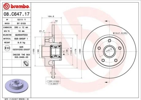 Гальмівний диск для BREMBO 08.C647.17 фото товару