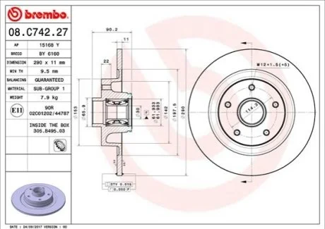 Гальмівний диск для Renault BREMBO 08.C742.27 фото товару