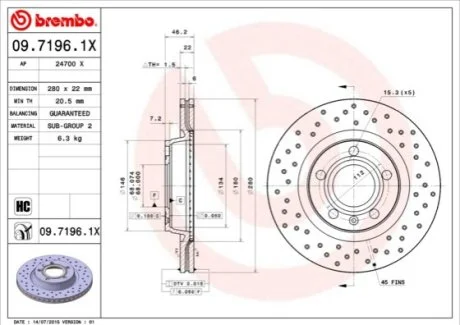 Гальмівний диск для BREMBO 09.7196.1X фото товару