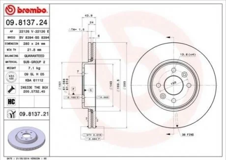 Гальмівний диск для Renault BREMBO 09.8137.24 фото товару