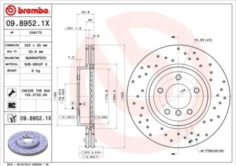 Гальмівний диск для BMW, Toyota, Lexus BREMBO 09.8952.1X фото товару