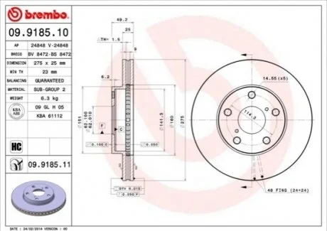 Гальмівний диск для BREMBO 09.9185.10 фото товару