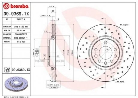 Гальмівний диск BREMBO 09.9369.1X (фото 1)