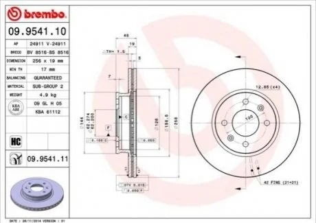 Гальмівний диск для Hyundai BREMBO 09.9541.10 фото товару