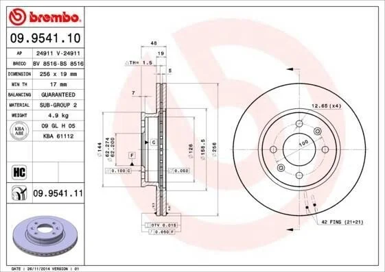 <strong>Гальмівний диск пер. Getz 01- (256x48mm) BREMBO 09.9541.11 (фото 1)</strong>