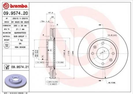 Гальмівний диск для Hyundai, KIA BREMBO 09.9574.21 фото товару