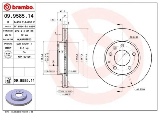 <strong>Гальмівний диск вентильований BREMBO 09.9585.14 (фото 1)</strong>