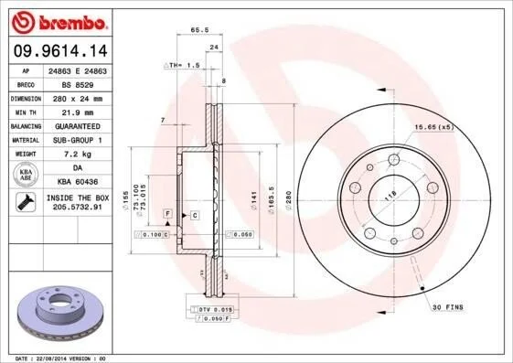 <strong>Гальмівний диск пер. Boxer 94- (280x66mm) BREMBO 09.9614.14 (фото 1)</strong>