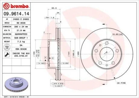 Гальмівний диск пер. Boxer 94- (280x66mm) для BREMBO 09.9614.14 фото товару