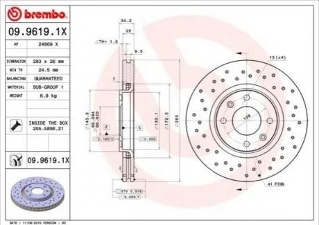 Гальмівний диск для BREMBO 09.9619.1X фото товару