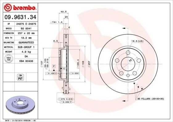 <strong>Гальмівний диск пер. Scudo 96- (257x41mm) BREMBO 09.9631.34 (фото 1)</strong>