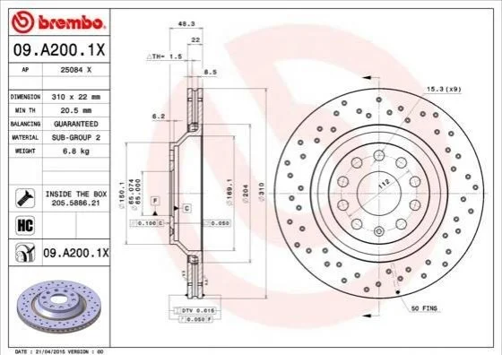 <strong>Гальмівний диск BREMBO 09.A200.1X (фото 1)</strong>