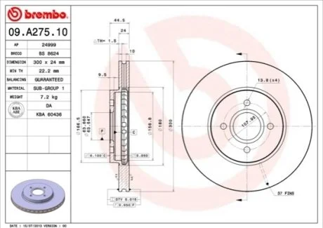 Гальмівний диск для BREMBO 09.A275.10 фото товару