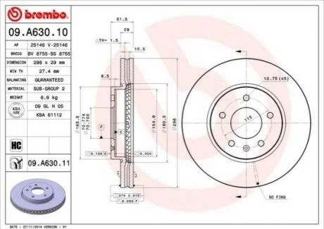 Гальмівний диск для BREMBO 09.A630.10 фото товару
