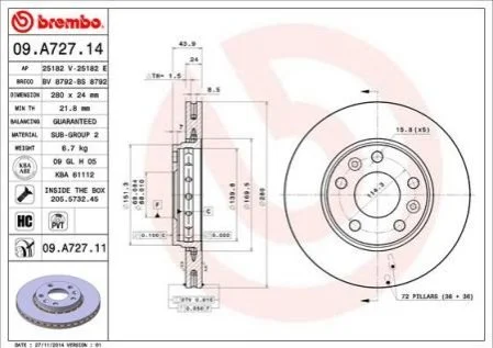 Гальмівний диск для BREMBO 09.A727.14 фото товару