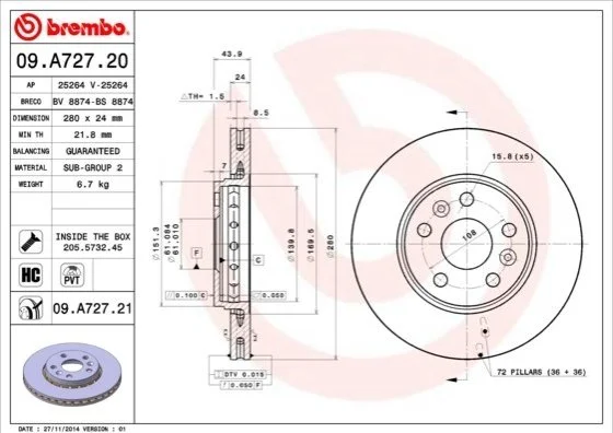 <strong>Тормозной диск Brembo BREMBO 09.A727.21 (фото 1)</strong>