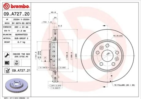 Тормозной диск Brembo для BREMBO 09.A727.21 фото товара
