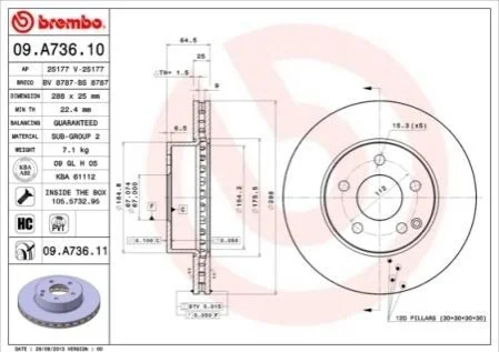 Гальмівний диск для Mitsubishi, Peugeot, Citroen BREMBO 09.A736.11 фото товару