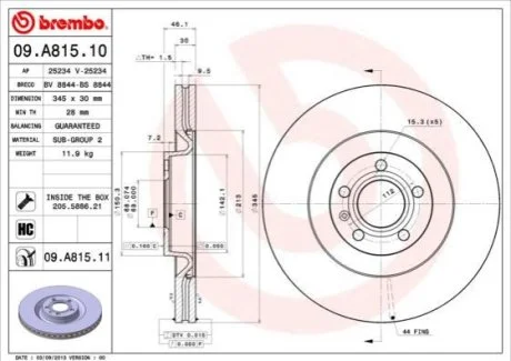 Гальмівний диск для Citroen, Audi BREMBO 09.A815.11 фото товару
