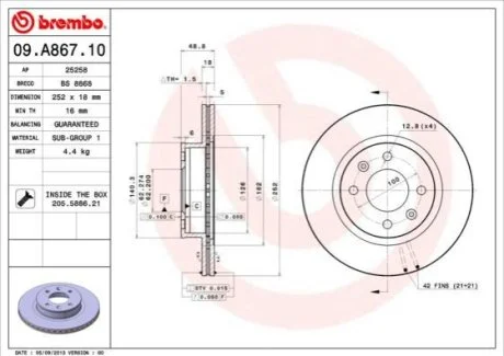 Гальмівний диск для BREMBO 09.A867.10 фото товару