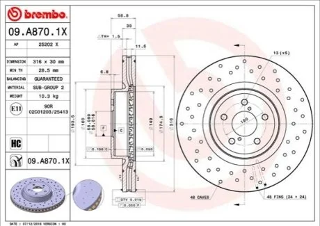 Гальмівний диск для BREMBO 09.A870.1X фото товару