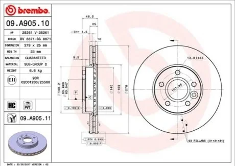 Гальмівний диск для BREMBO 09.A905.11 фото товару
