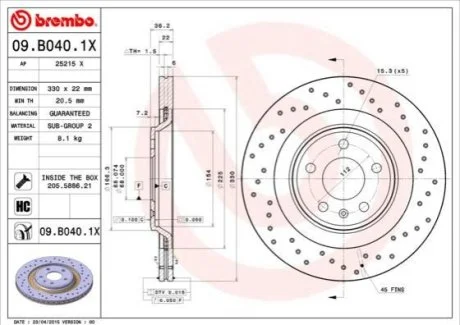 Гальмівний диск для Audi BREMBO 09.B040.1X фото товару