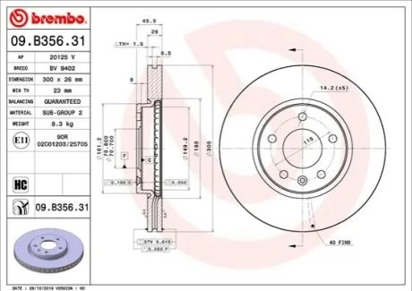 Гальмівний диск для Opel BREMBO 09.B356.31 фото товара