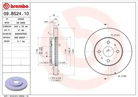 Гальмівний диск для Subaru, Daihatsu BREMBO 09.B524.10 фото товару