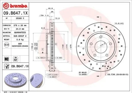 Тормозной диск для Mitsubishi, Chrysler BREMBO 09.B647.1X фото товара