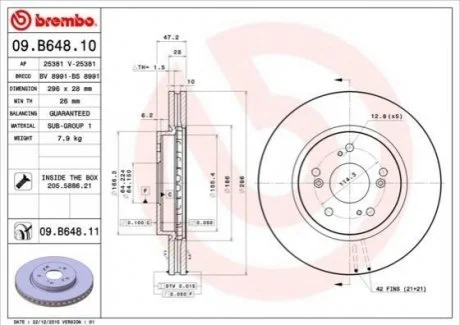 Гальмівний диск для BREMBO 09.B648.10 фото товару
