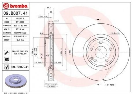 Тормозной диск BREMBO 09.B807.41 (фото 1)