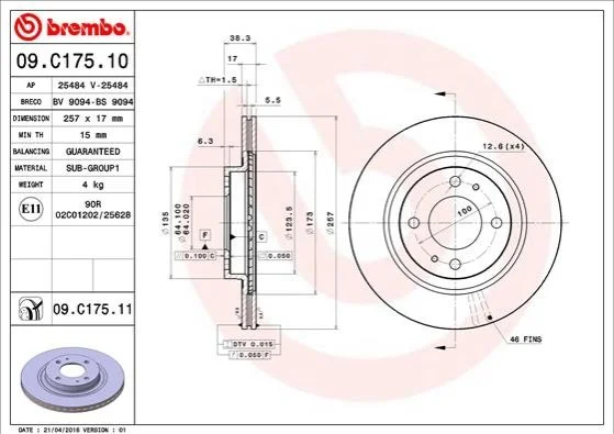 <strong>Гальмівний диск BREMBO 09.C175.11 (фото 1)</strong>