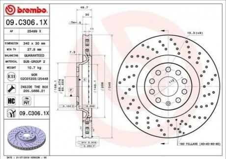 Гальмівний диск для Volkswagen, Skoda, Seat, Audi BREMBO 09.C306.1X фото товару
