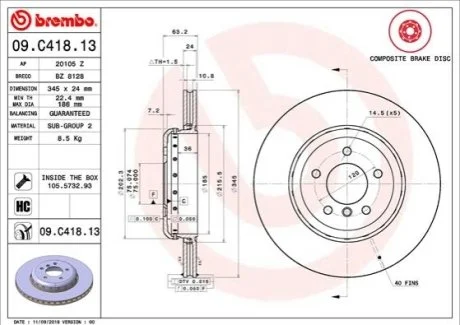 Гальмівний диск для BMW BREMBO 09.C418.13 фото товару