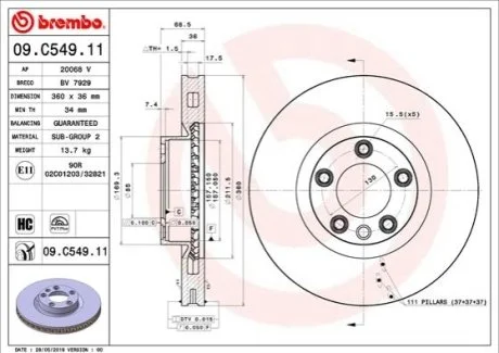 Гальмівний диск для Porsche, Volkswagen BREMBO 09.C549.11 фото товару